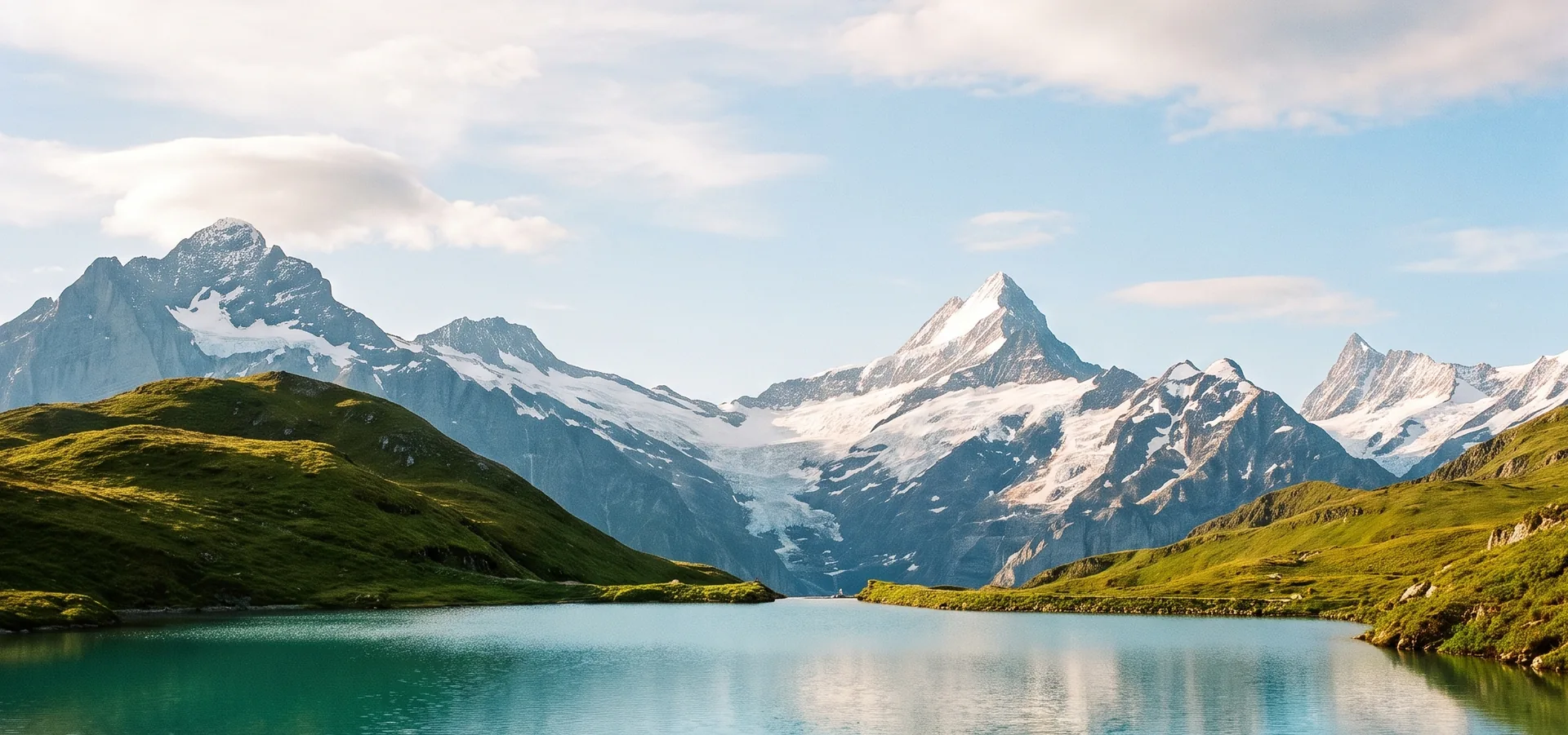 Turquoise glacial lake below the snow-capped Southern Alps, New Zealand